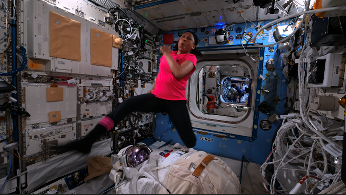 Jeanette Epps goes for the gold in her long jump for the ISS Olympics.