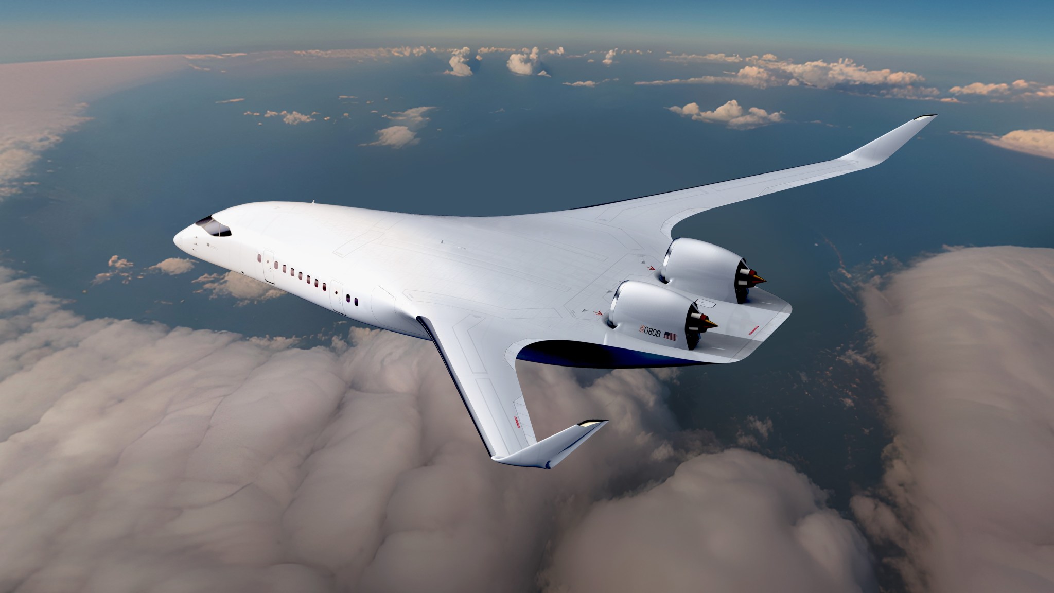 An artist’s concept depicts a white blended wing body aircraft with a broad, delta-shaped fuselage without a traditional tail. Two turbine engines sit atop the aircraft’s rear, and thin wings with large winglets extend from its body. The aircraft is depicted flying above clouds ina blue sky.