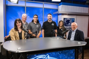 The Houston We Have a Podcast team poses for a picture with Gerry Griffin following the recording of this episode. Credit: NASA/Josh Valcarcel