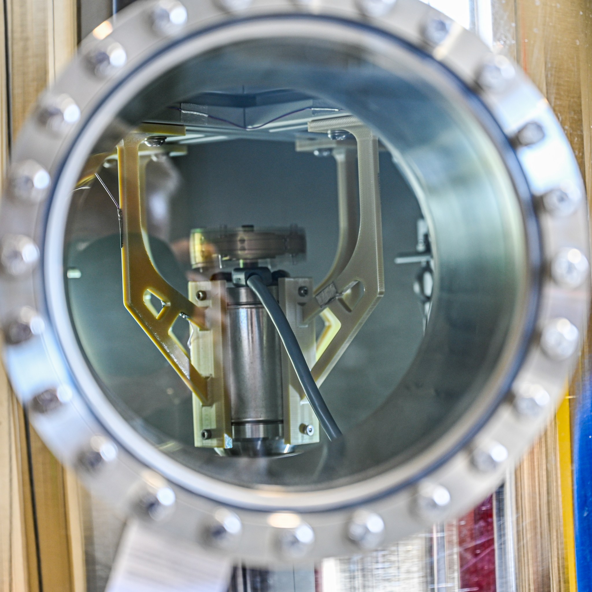 A close-up of a conduction chamber for testing the heat conduction properties of materials and equipment to be used in Artemis missions.