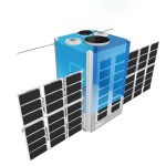 A blue cube flanked on either side by solar panels.