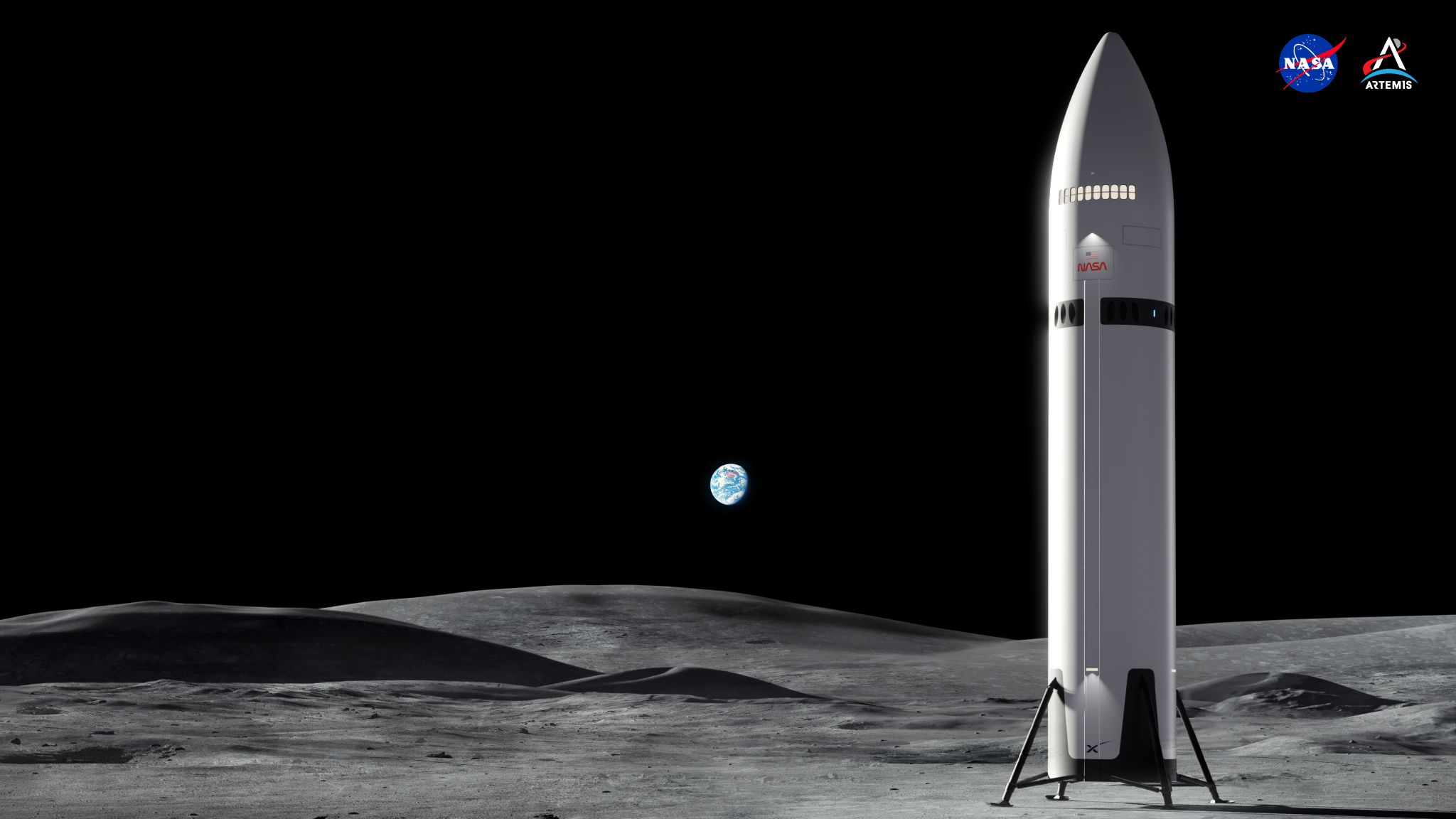 In this artist’s concept, the SpaceX Starship human lander stands on the gray, undulating surface of the Moon against a jet-black backdrop. The lander is almost all white except for black accents near its “legs” and a thin black stripe near the top of the conical rocket. Above the thin black stripe is a miniature American flag and NASA worm insignia. Near the top of the lander is a row of 10 illuminated windows in a softened rectangular shape. A black “x” SpaceX insignia marks the bottom of the lander. 