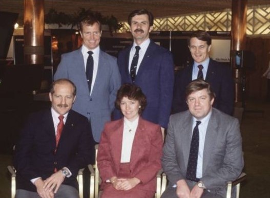 The STS-51A crew, with Lloyd’s of London representative Stephen Merritt during their visit to London