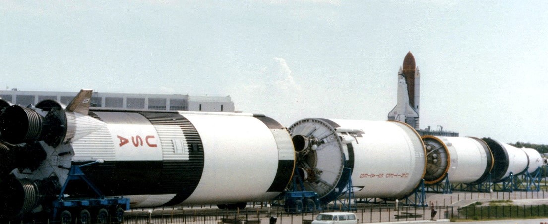 Saturn V rocket on display in the foreground