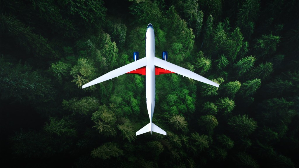 Artist-rendered top-down view of a white plane flying over trees.