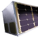 Cube-shaped satellite with solar panels flush to the front.