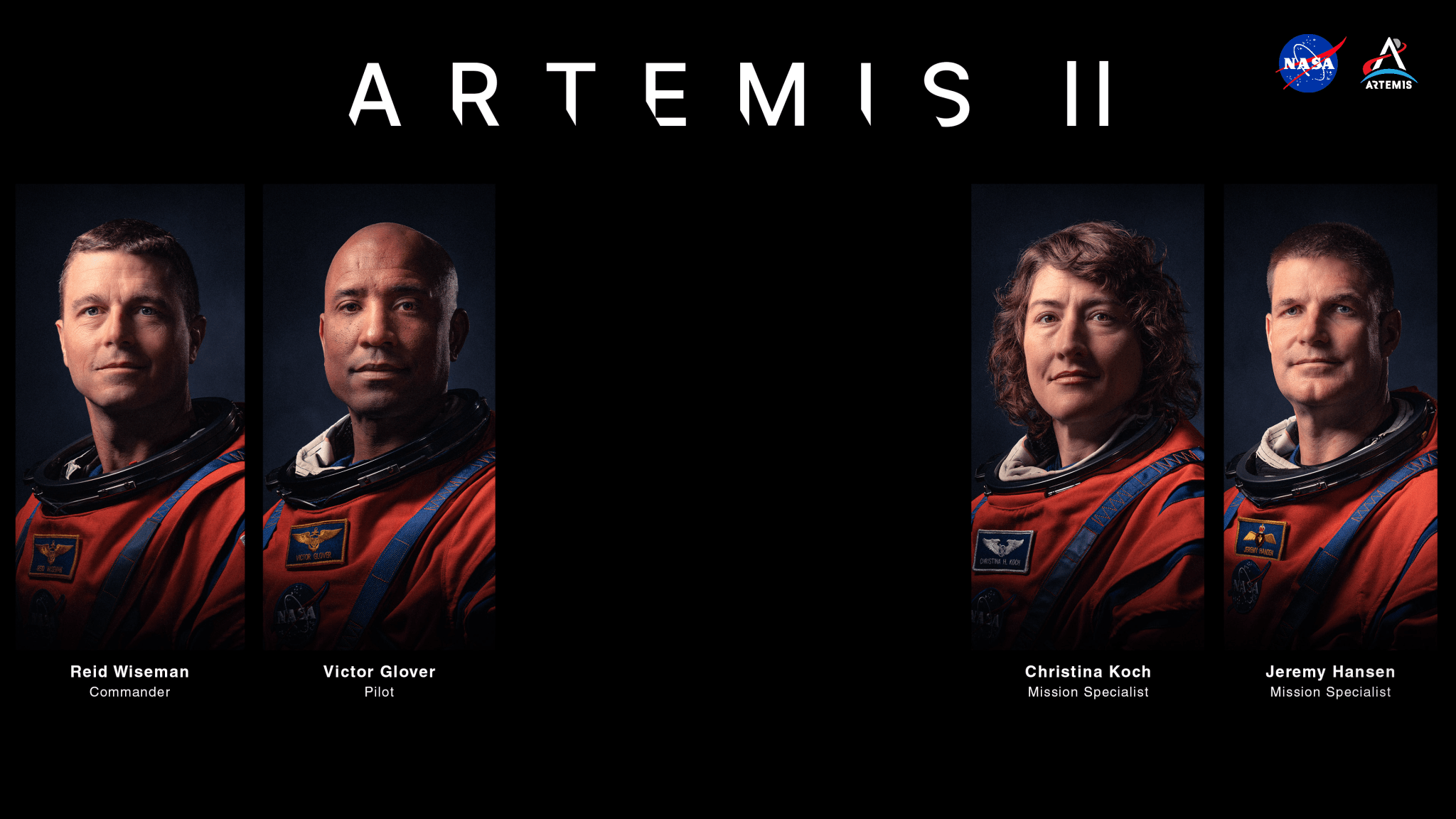 Underneath the wording “Artemis II” in white against a black backdrop, the Artemis II crew individual portraits are lined up in pairs from left to right across this virtual background. From left, all wearing bright orange launch-and-entry spacesuits, are Commander Reid Wiseman, Pilot Victor Glover, and Mission Specialist Christina Koch from NASA, and Mission Specialist Jeremy Hansen from the Canadian Space Agency.