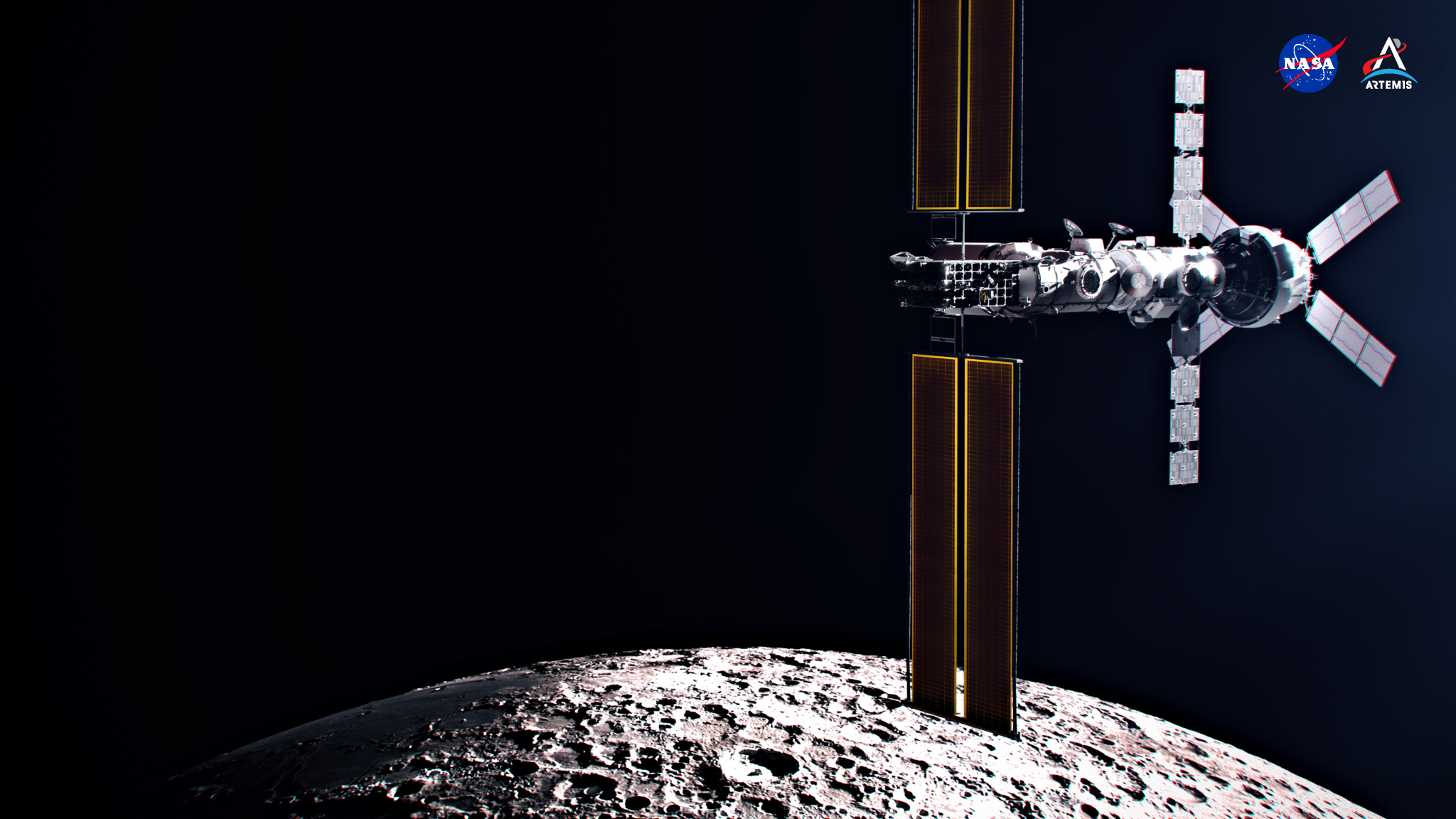 Above a small section of the Moon’s cratered and pock-marked upper sphere, the Gateway space station hosting the Orion spacecraft and SpaceX’s deep space logistics spacecraft is seen hovering at top right in the image while in a polar orbit around the Moon. Against the pitch-black backdrop, darkened solar arrays highlighted with a golden mesh pattern are oriented north and south at the front, or far left, of the space station. Gateway is a long white-and-gray tubular structure with an east-west orientation within the image, with the triangular-shaped Orion capsule docked to the far right of it — the spacecraft’s four white solar arrays evenly outstretched in the shape of an “x.”