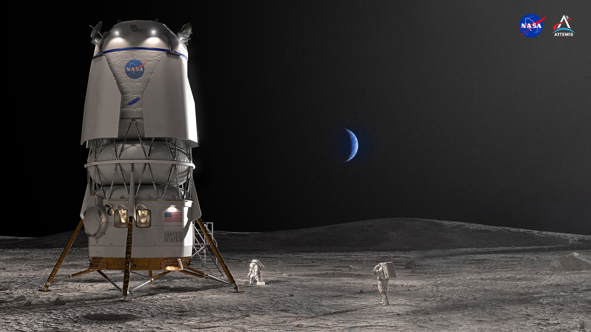 In this artist’s concept, two crew members in white spacesuits — one kneeling, another standing — work on the gray lunar surface of the Moon to the right of Blue Origin’s Blue Moon MK-2 lander. Comprised of three connected elements in a shape reminiscent of a wide rocket ship, the lander concept is white, with a NASA meatball logo near the top and an American flag near the bottom portion. Metallic gold legs buttress out from the bottom of the lander to give it stability on the uneven regolith. In the distance is slightly undulating lunar terrain and Earth, partially hidden in shadow, rising above the lunar horizon.  