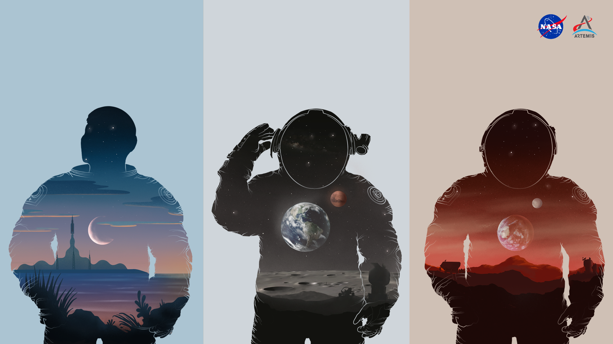 In this virtual background, various scenes from Earth, Moon, and Mars are depicted within the silhouette outlines of three suited astronauts, artistically representing the interconnected nature of human space exploration from low Earth orbit to the Moon and, one day, human missions to Mars.