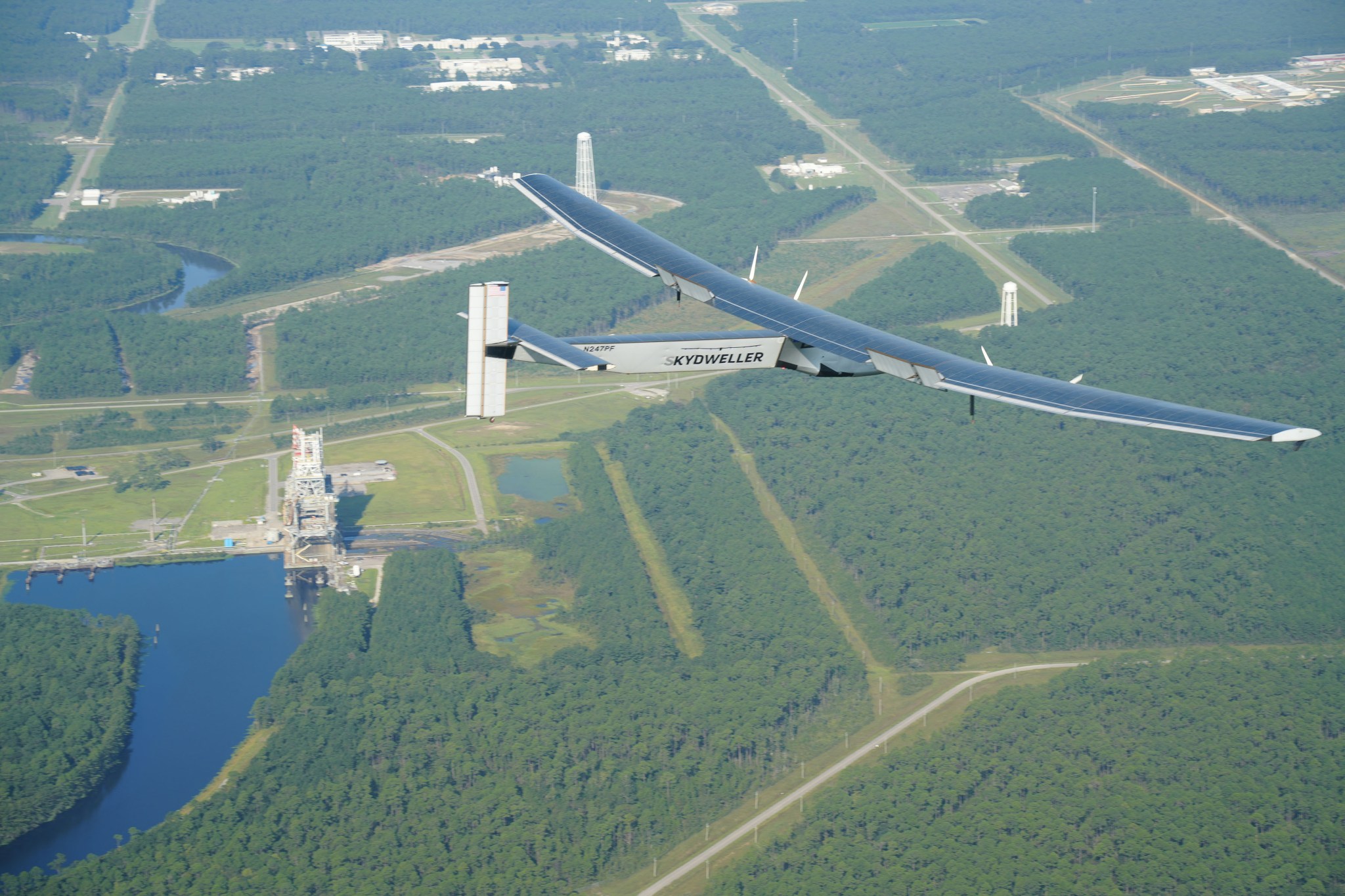 The Skydweller Aero solar-powered, autonomous aircraft flies above the Thad Cochran Test Stand