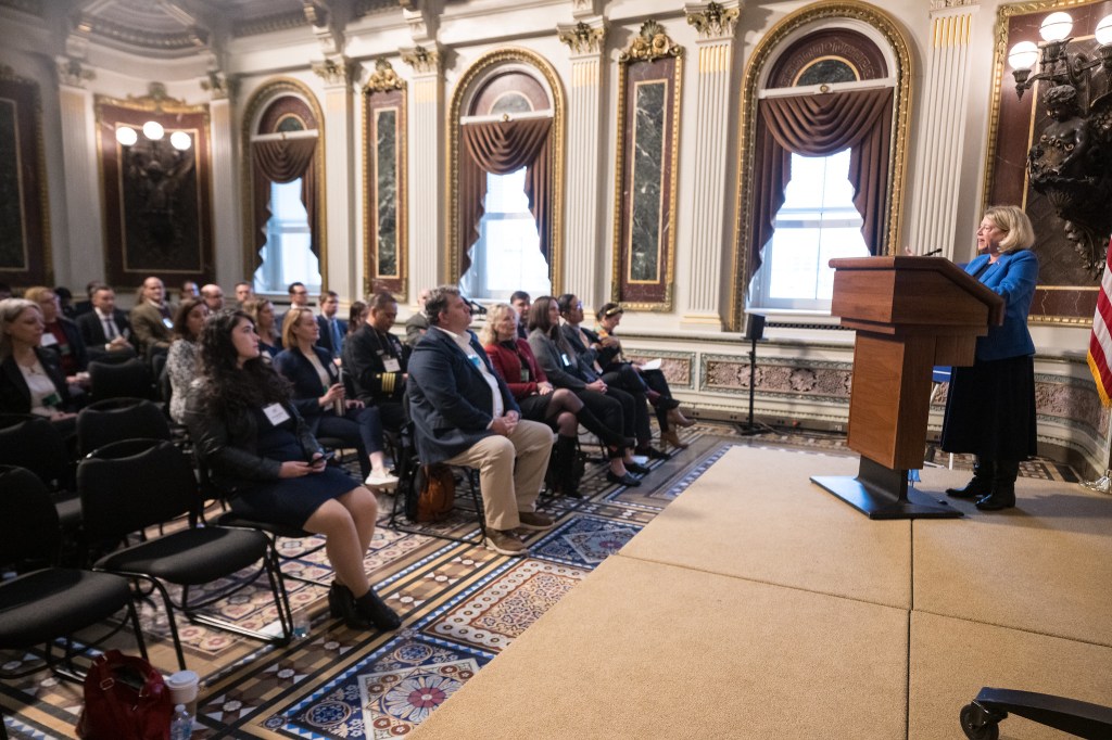 NASA Deputy Administrator Pam Melroy speaks at the Microgravity Science Summit at the Eisenhower Executive Office Building, Monday, Dec. 13, 2024, in Washington.