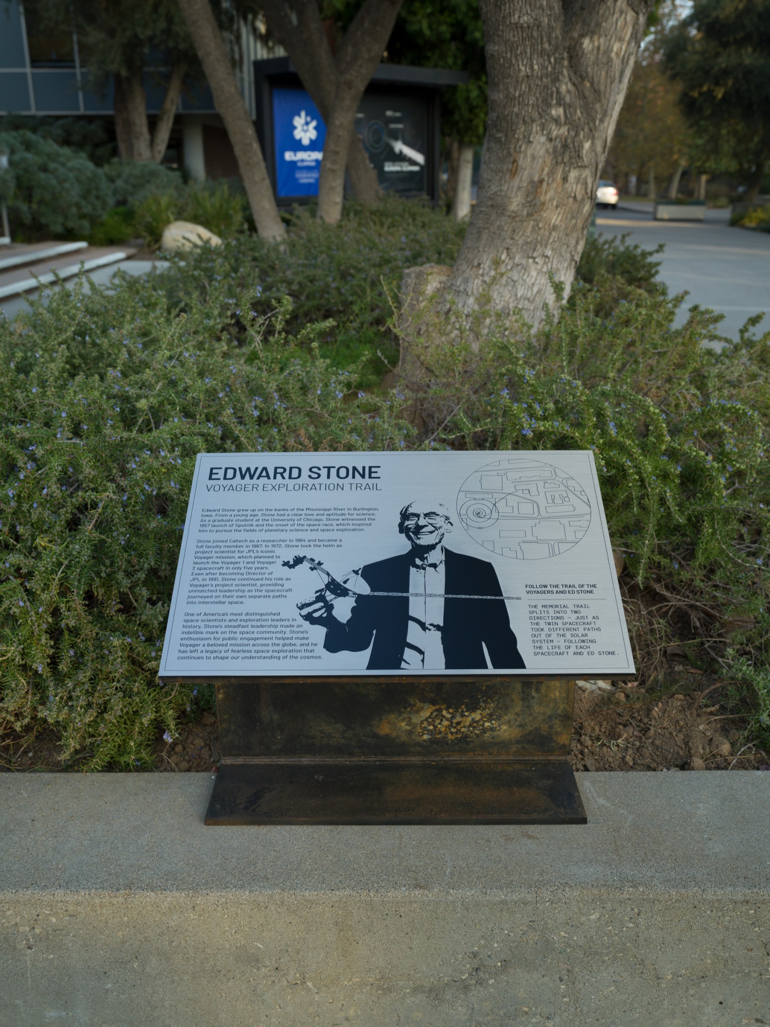 The Dr. Edward Stone Exploration Trail begins in front of the building where Stone served as JPL’s director.