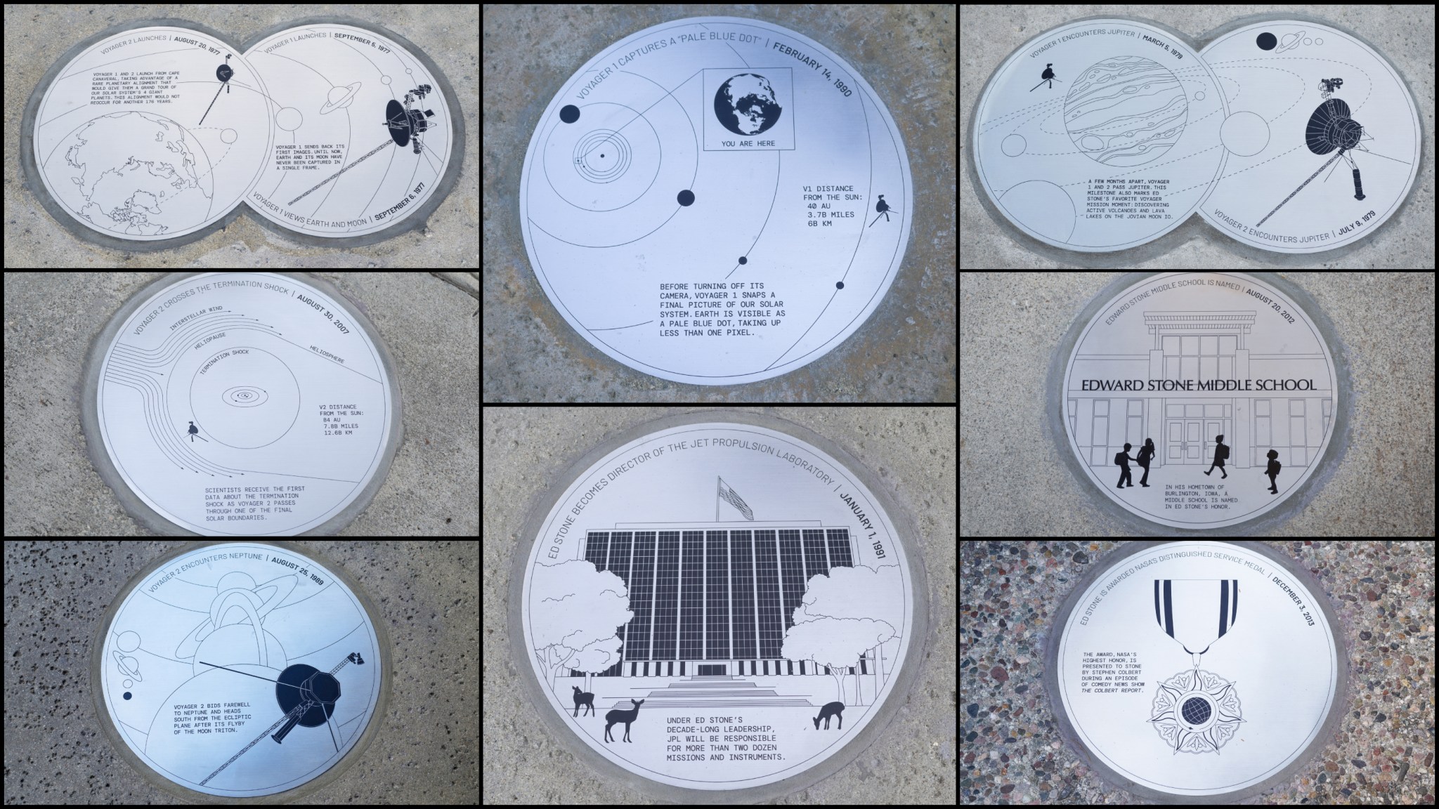 Embedded in the pavement, 24 additional plaques trace the approximate trajectories of the Voyager spacecraft. The shape and design language of the plaques evoke the design of the Gold Record.