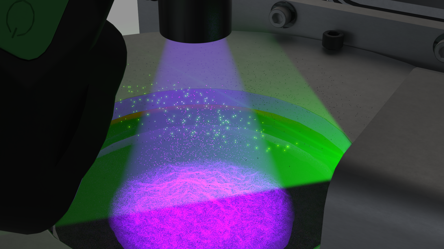 An artist rendering of Electrostatic Dust Lofting (EDL) with purple and green lights representing ultraviolet light and small white specs to depict dust particles. This technology examines the lofting of lunar dust when electrostatic charging occurs after exposure to ultraviolet light.