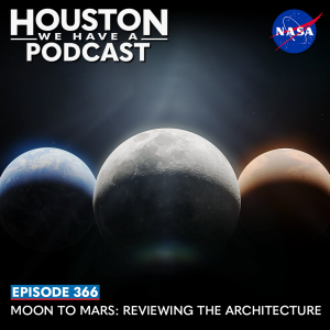 Houston We Have a Podcast Episode 366: Moon to Mars: Reviewing the Architecture. The Earth, Moon, and Mars are illuminated from the top, side by side.