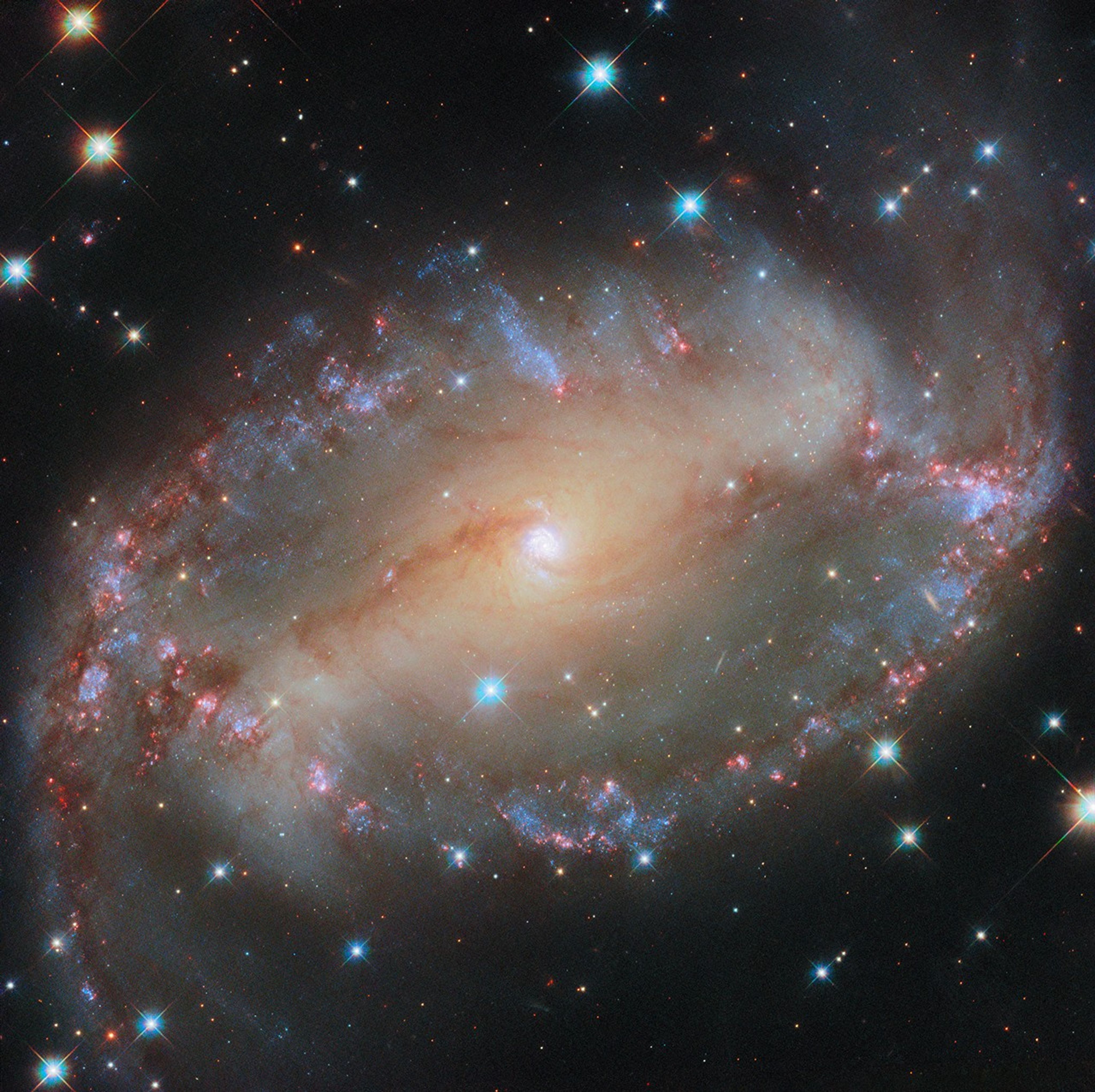 This NASA/ESA Hubble Space Telescope image features the spiral galaxy NGC 2566, which sits 76 million light-years away in the constellation Puppis. A prominent bar of stars stretches across the center of this galaxy, and spiral arms emerge from each end of the bar. Because NGC 2566 appears tilted from our perspective, its disk takes on an almond shape, giving the galaxy the appearance of a cosmic eye.