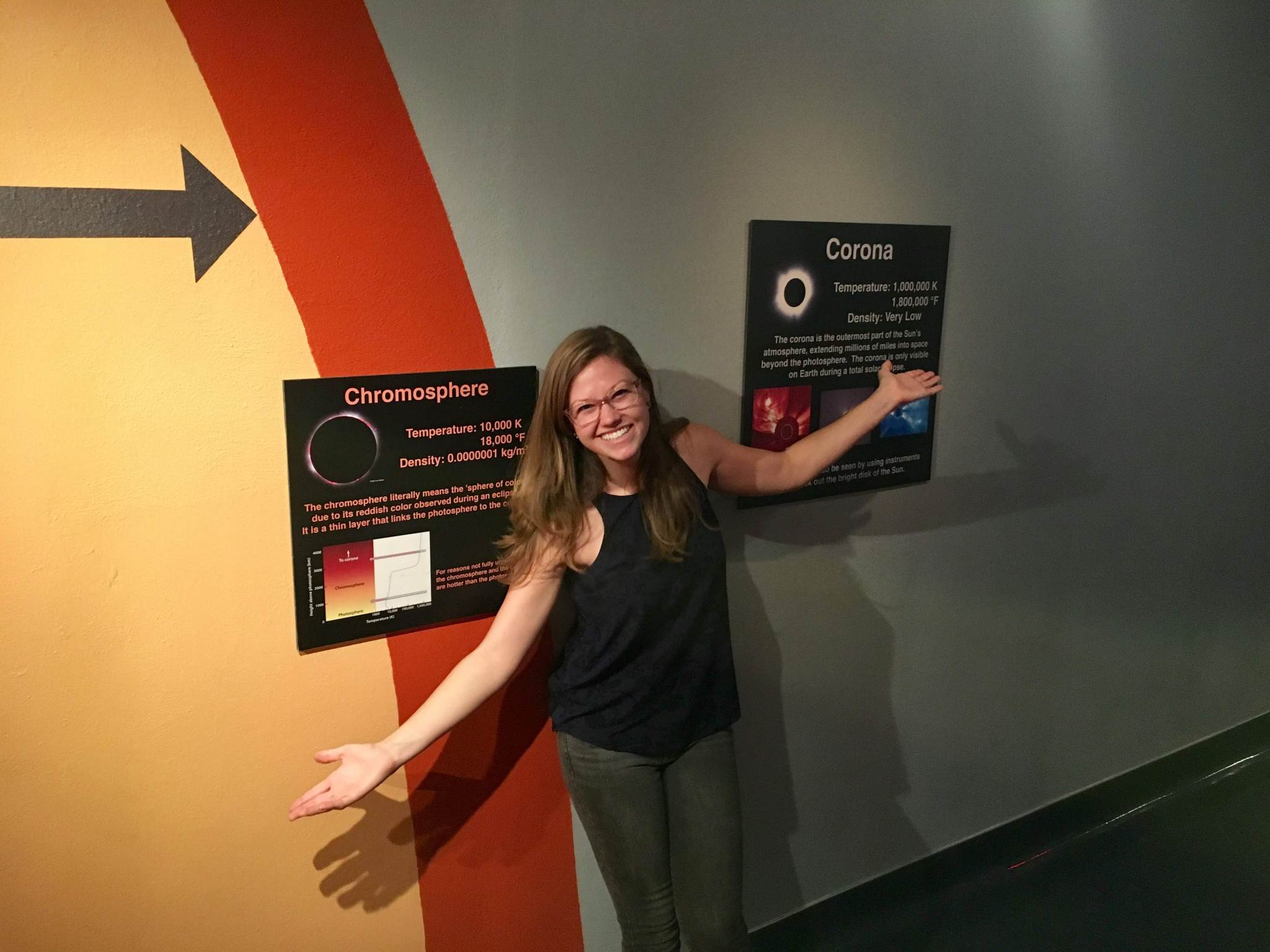 Sarah Peacock stands with her arms out with two posters about the Sun behind her.