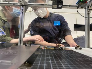 Two researchers wearing masks watch a small robotic rover inside a clear enclosure on a parabolic jet.