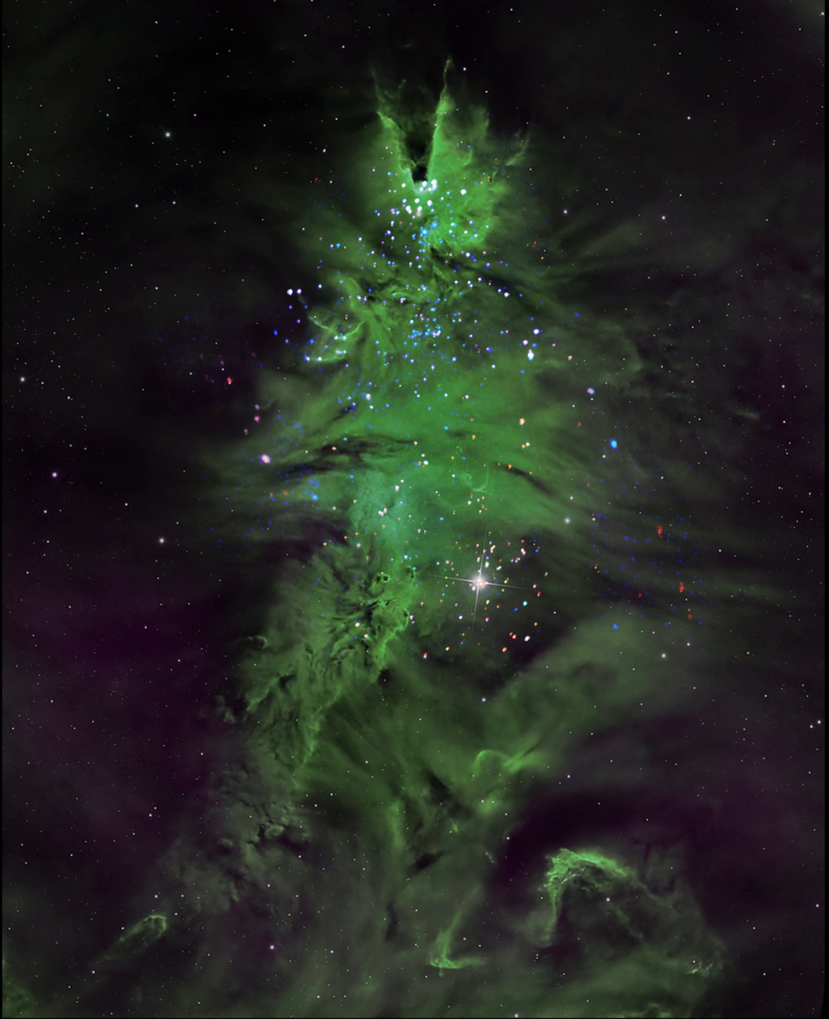 Here is a new version of the “Christmas tree cluster.” NGC 2264 is a cluster of young stars between one and five million years old. (For comparison, the Sun is a middle-aged star about 5 billion years old – about 1,000 times older.) In this image of NGC 2264 data from NASA's Chandra X-ray Observatory have been combined with optical data captured from by astrophotographer Michael Clow from his telescope in Arizona in November 2024.