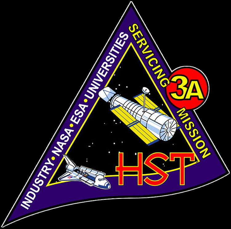 A triangular patch including a space shuttle and the Hubble Space Telescope against a black background