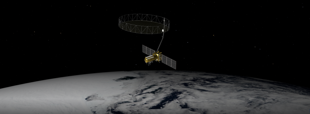 artist’s concept depicts the NISAR satellite orbiting Earth over Antarctica