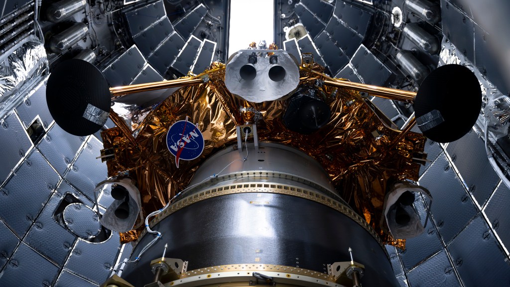 Firefly Aerospace's Blue Ghost lander getting encapsulated in SpaceX's rocket fairing ahead of the planned liftoff for 1:11 a.m. EST Jan. 15 from Launch Complex 39A at NASA's Kennedy Space Center in Florida