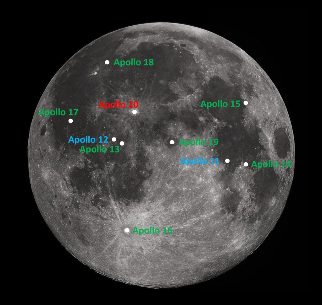 Image of the full Moon, with Apollo Moon landing sites marked.