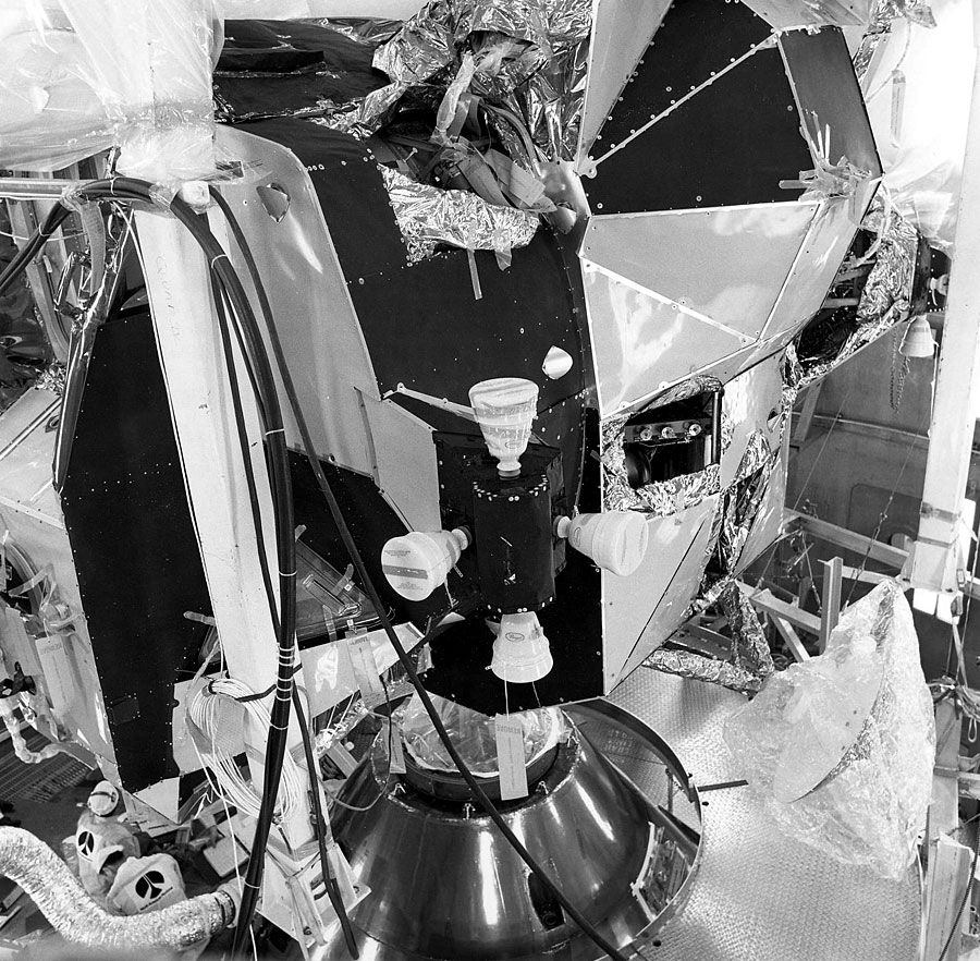 Black and white image of an irregularly shaped spacecraft, a Lunar Module