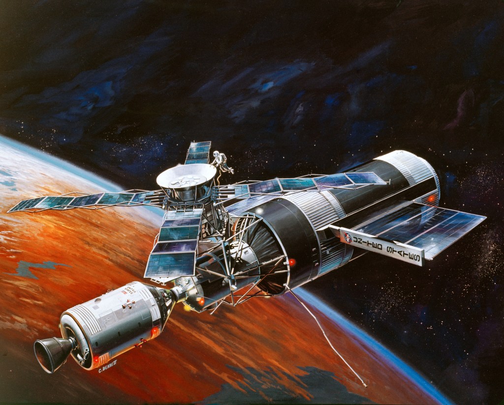 Artist's illustration of the Skylab space station as it would appear in Earth orbit.