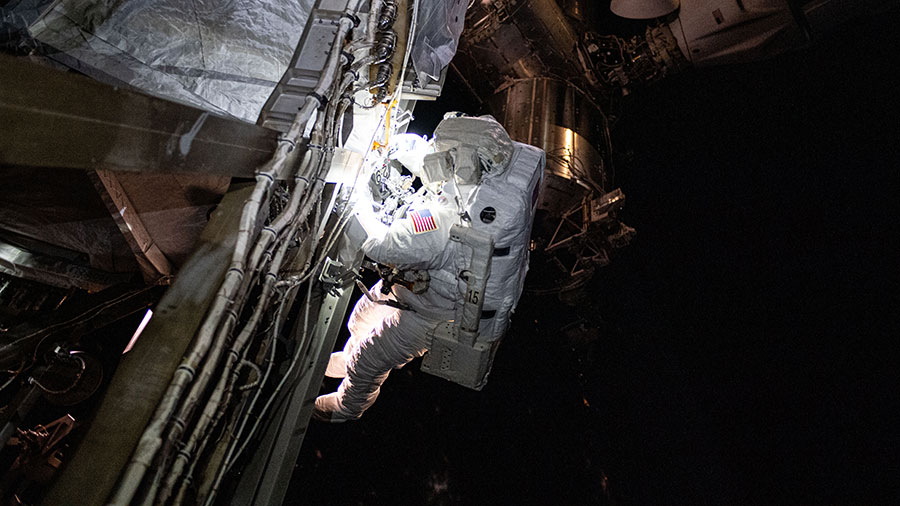 Astronaut Suni Williams is pictured during a six-hour spacewalk on Jan. 16, 2025, for science and maintenance on the International Space Station.