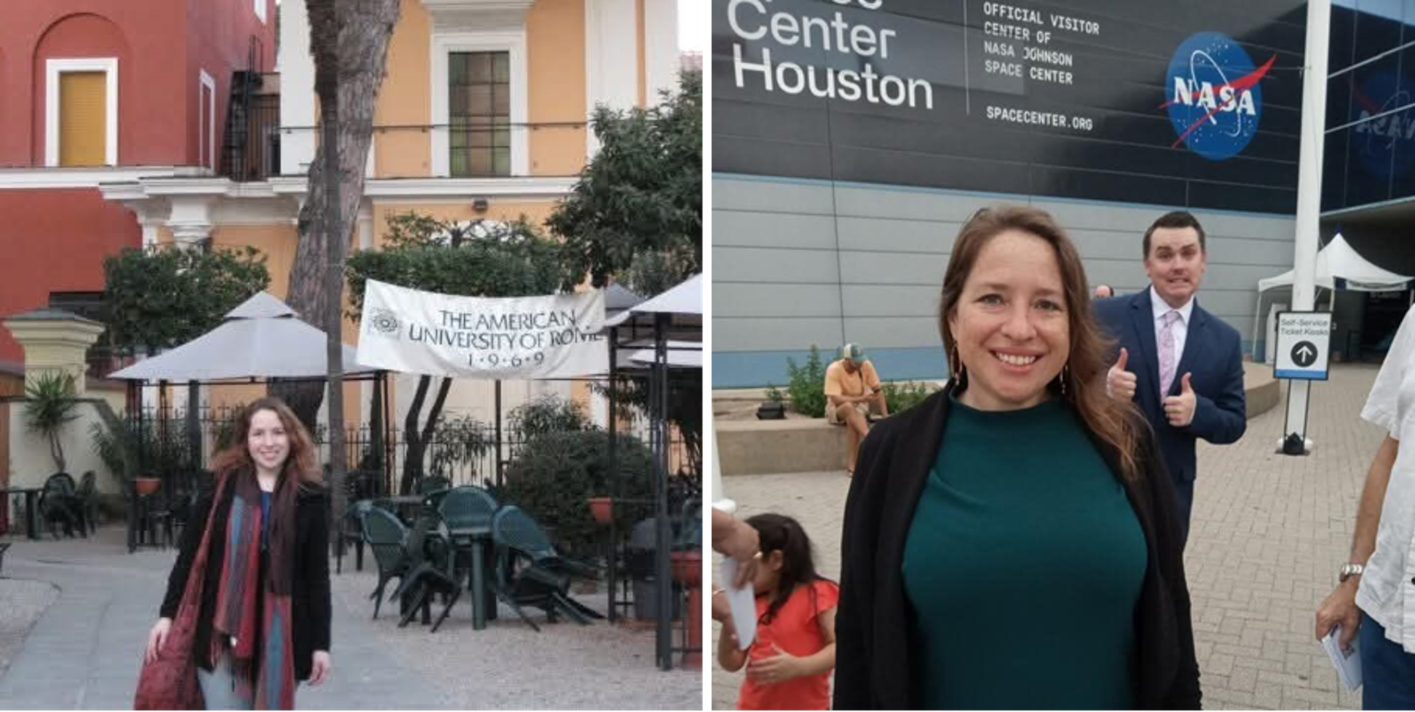 Johnson Space Center employee Donna Coyle is pictured as a college student in Rome an in her current role with NASA.