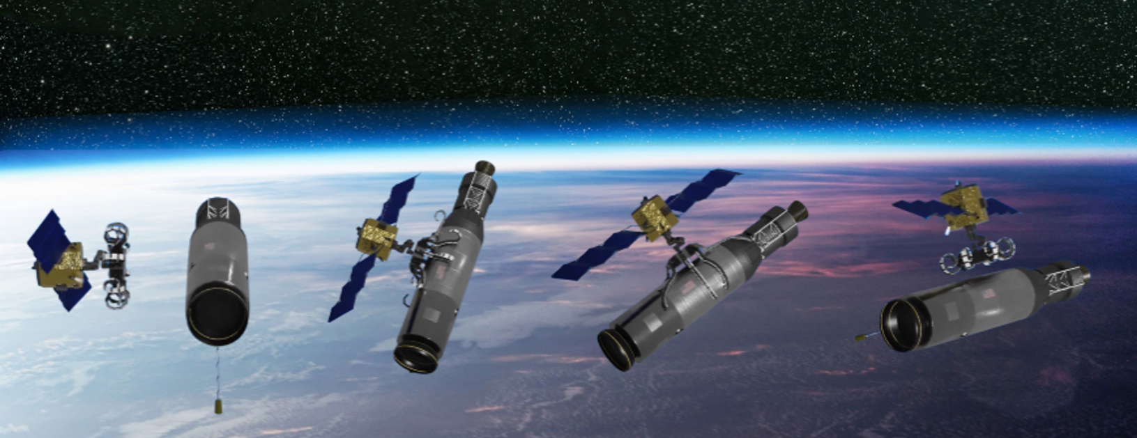 CAD rendering and image composite of smallsats in orbit