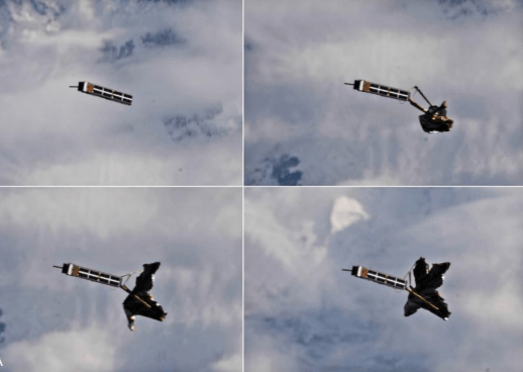 a series of 4 photos of a cubesat deploying its exobrake