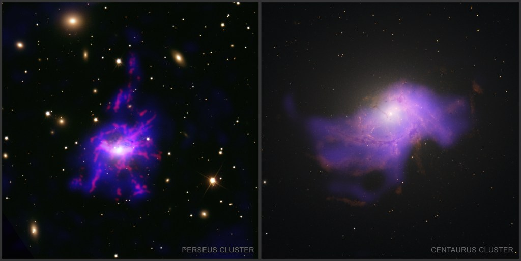 Astronomers have taken a crucial step in showing that the most massive black holes in the universe can create their own meals. Using X-ray data from Chandra and optical light data, this study, based on observations of seven galaxy clusters in total, provides new evidence that outbursts from black holes can cool down gas to feed themselves. Massive galaxies at the centers of the clusters contain huge black holes that power outbursts in the form of jets, driven by the black holes feasting on gas. These images show the X-ray and optical data of the Perseus and Centaurus clusters from the survey.