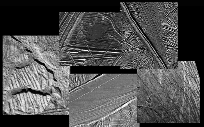 Montage of black and white images of the surface of Europa, showing canyons and other cracks in the surface.