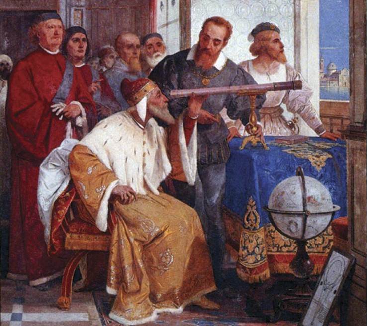 Painting from the 17th century of old man looking through a small telescope as others look on