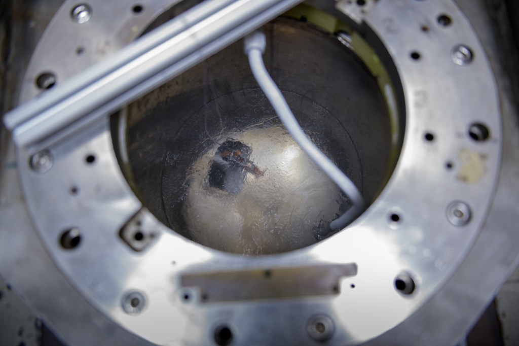 The ICE-Box is a thermal vacuum chamber that can simulate temperatures of liquid hydrogen, liquid nitrogen, liquid oxygen, and liquid methane.