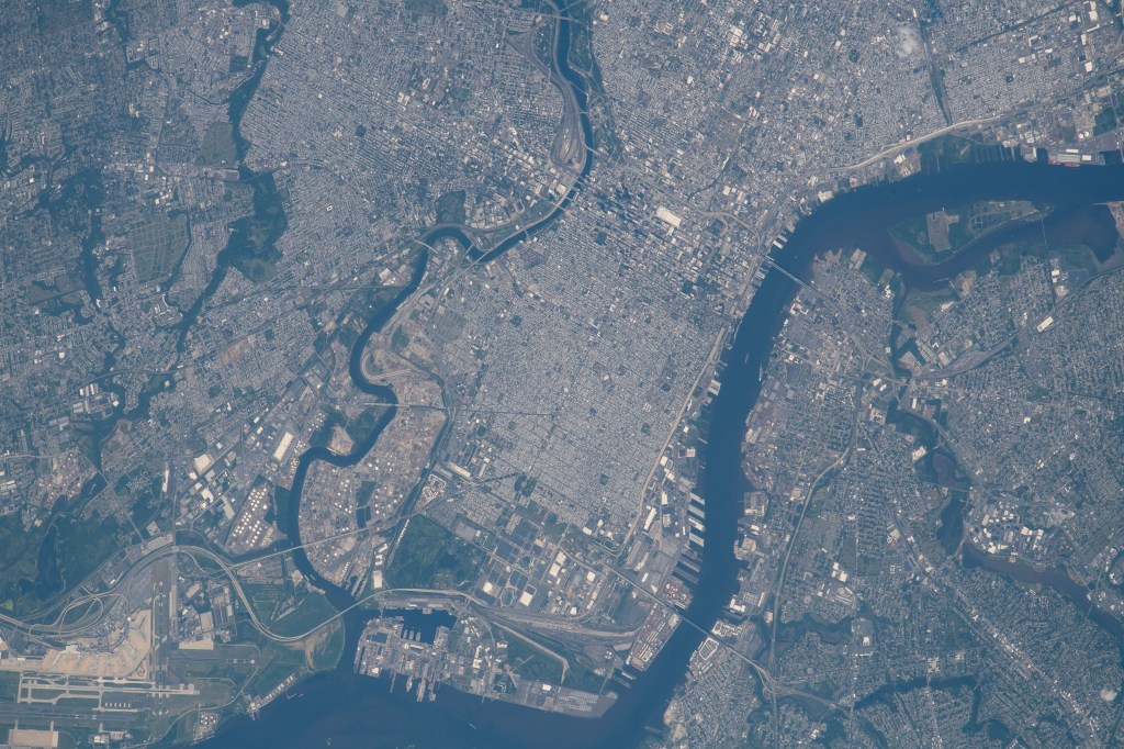 Earth observation taken during day pass by Expedition 65 crew aboard the International Space Station (ISS). Image used as part of Twitter message - Philadelphia looks amazing from @Space_Station! So much history in this city. Our nation’s Declaration of Independence & Constitution were signed in Independence Hall. The Liberty Bell & iconic steps leading to the Philadelphia Museum of Art should be added to your must-see list.