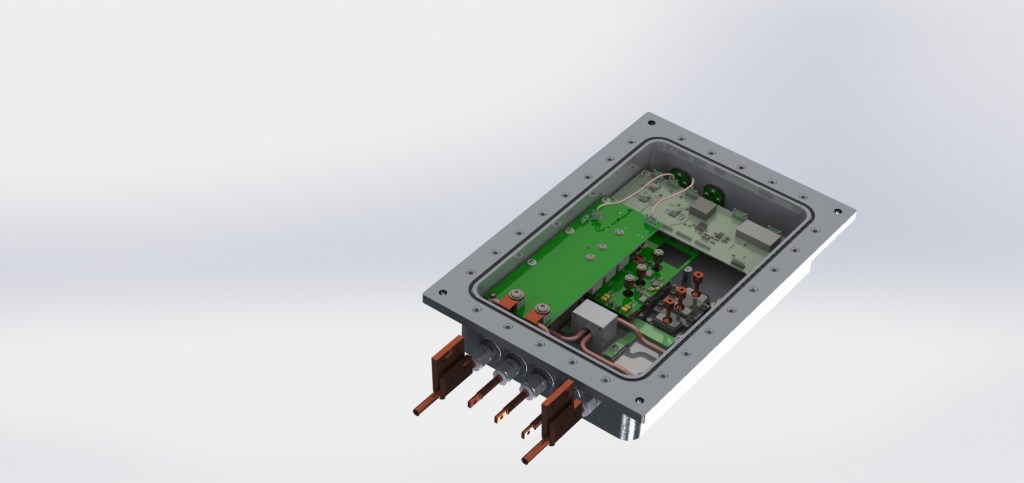 An artist rendering of a rectangular-shaped aircraft converter with various wires and circuiting systems displayed on the inside. 