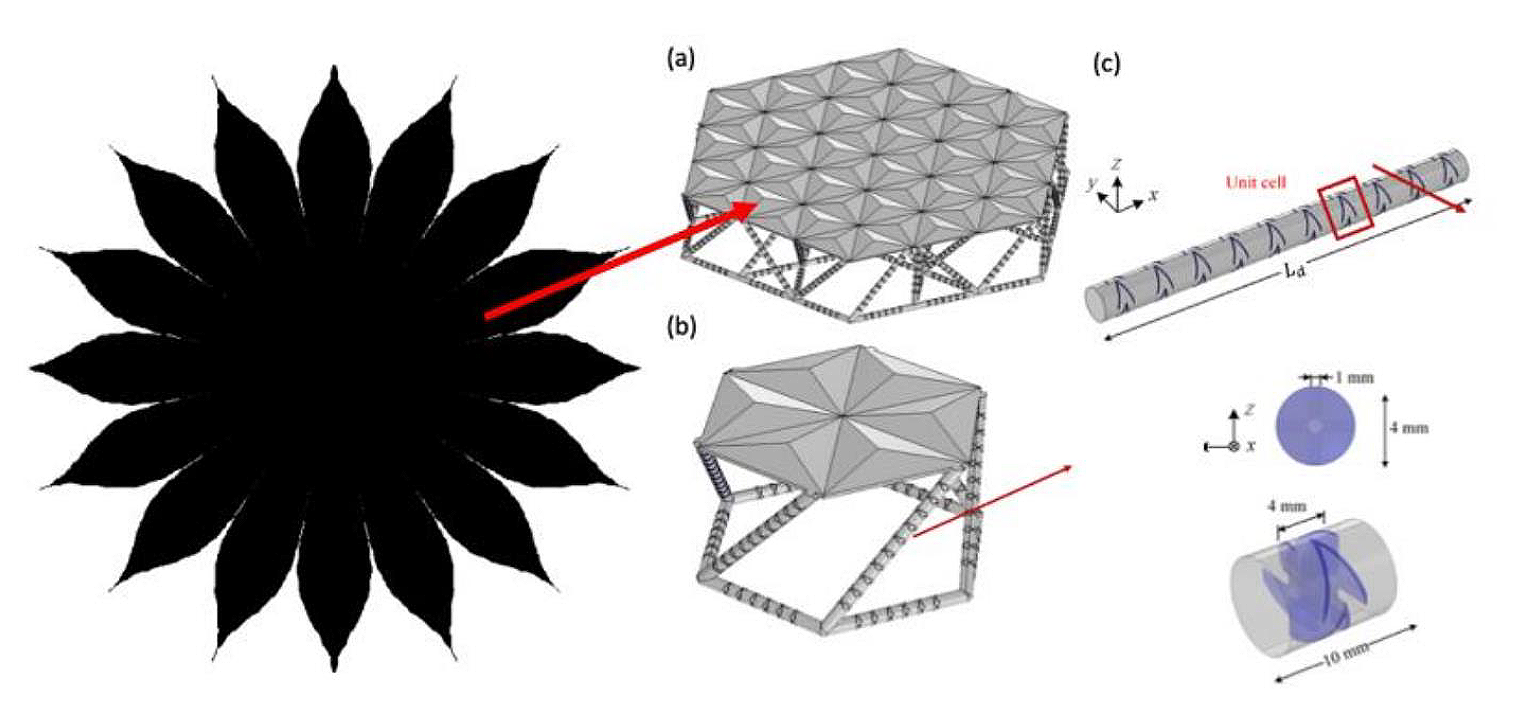 Illustration depicting the Dynamically Stable Large Space Structures via Architected Metamaterials concept.