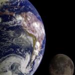 Composite image of Earth and the Moon as seen by the Galileo spacecraft