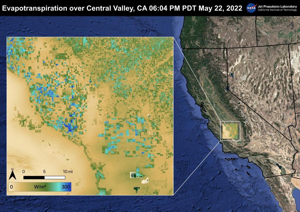 Map highlighting evapotranspiration levels over California’s Central Valley on May 22, 2022. The image features a detailed inset showing varying data intensity in shades of green and blue, with a larger map context of California and surrounding areas.