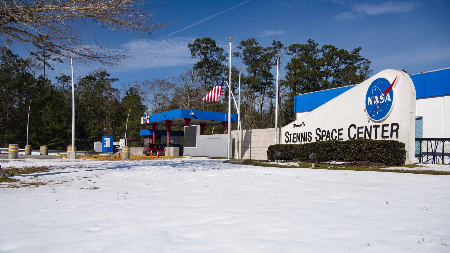 view of gate entrance to Stennis Space Center with freshly fallen snow