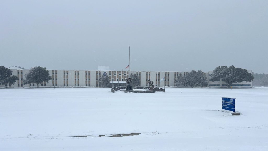 Building 1100 at Stennis Space Center is shown covered in snow