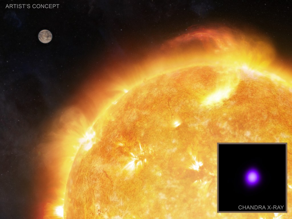 This artist’s illustration shows flares on a red star that is only about a tenth the mass of the Sun. The planet on the left in the background has abundant greenhouse gases, giving a cloudy atmosphere. A recent study has been made of a nearby star similar to the one depicted here. The study suggests that the warming effects of the greenhouse gases in any planet located in the outer regions of the habitable zone are required to allow life to flourish. Any planets located closer to the star likely receive too much high energy radiation from the star for life to flourish.