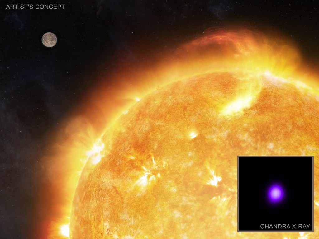 This artist’s illustration shows flares on a red star that is only about a tenth the mass of the Sun. The exoplanet on the left in the background has abundant greenhouse gases, giving a cloudy atmosphere. A recent study has been made of a nearby star similar to the one depicted here. The study suggests that the warming effects of the greenhouse gases in any planet located in the outer regions of the habitable zone are required to allow life to flourish. Any planets located closer to the star likely receive too much high energy radiation from the star for life to flourish.