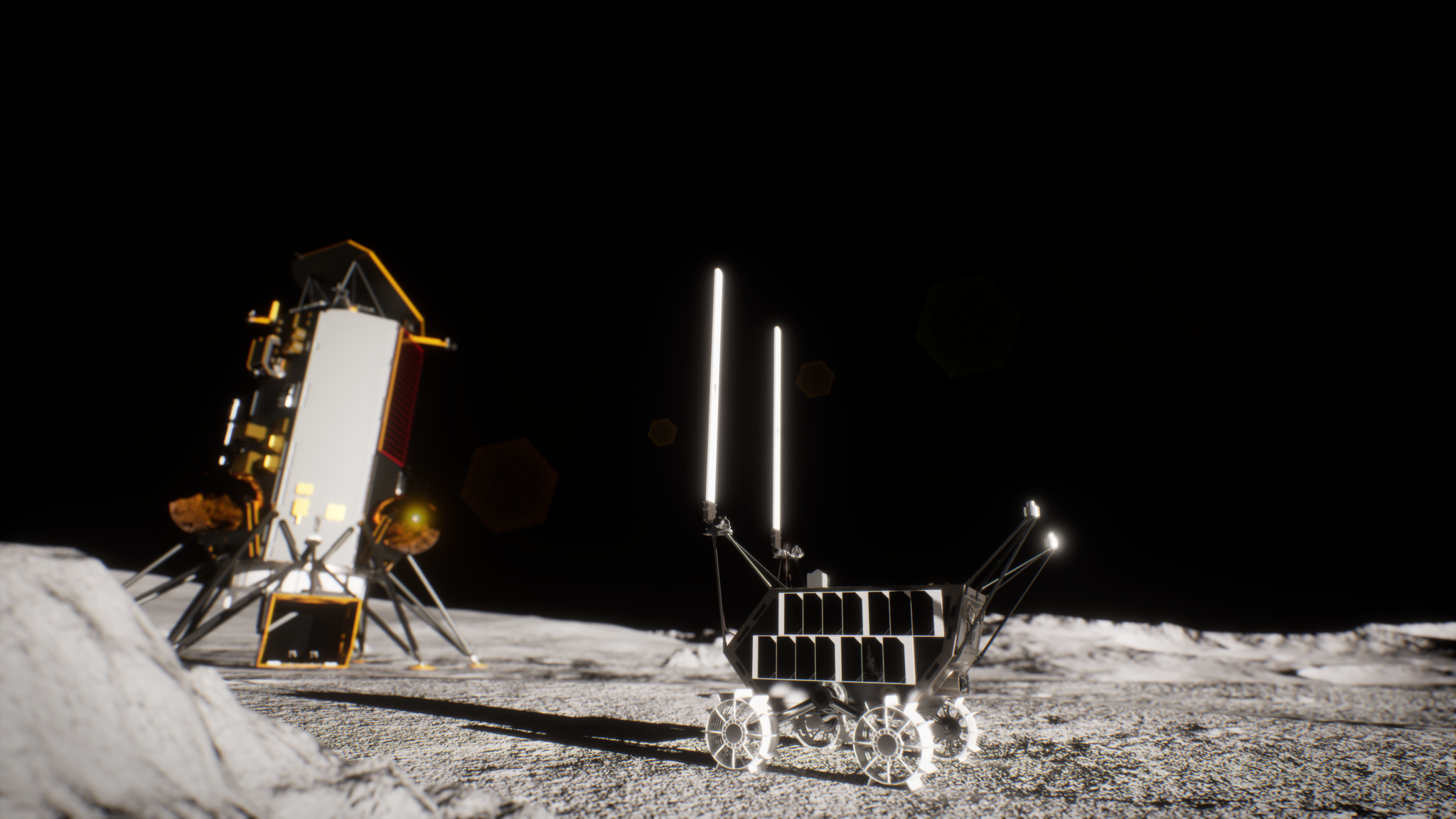 Artist rendering of Nokia's Lunar Surface Communication System (LSCS), a rover like robot with two white antenna rods.