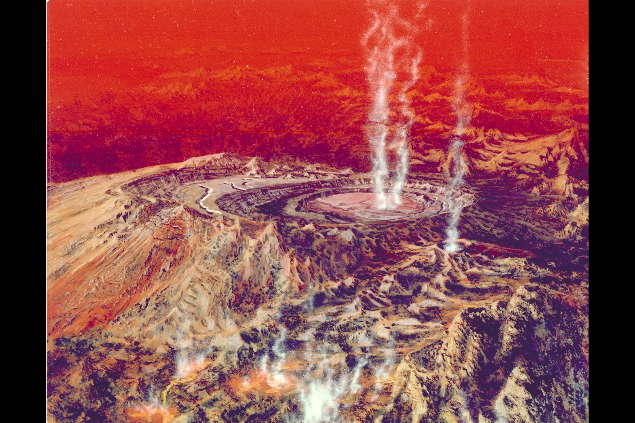 In this artist's illustration, the surface of Venus has many peaks. White steam rises from the rocky, jagged surface. What looks like a large caldera is at the center of the image. The background is obscured in a red haze.