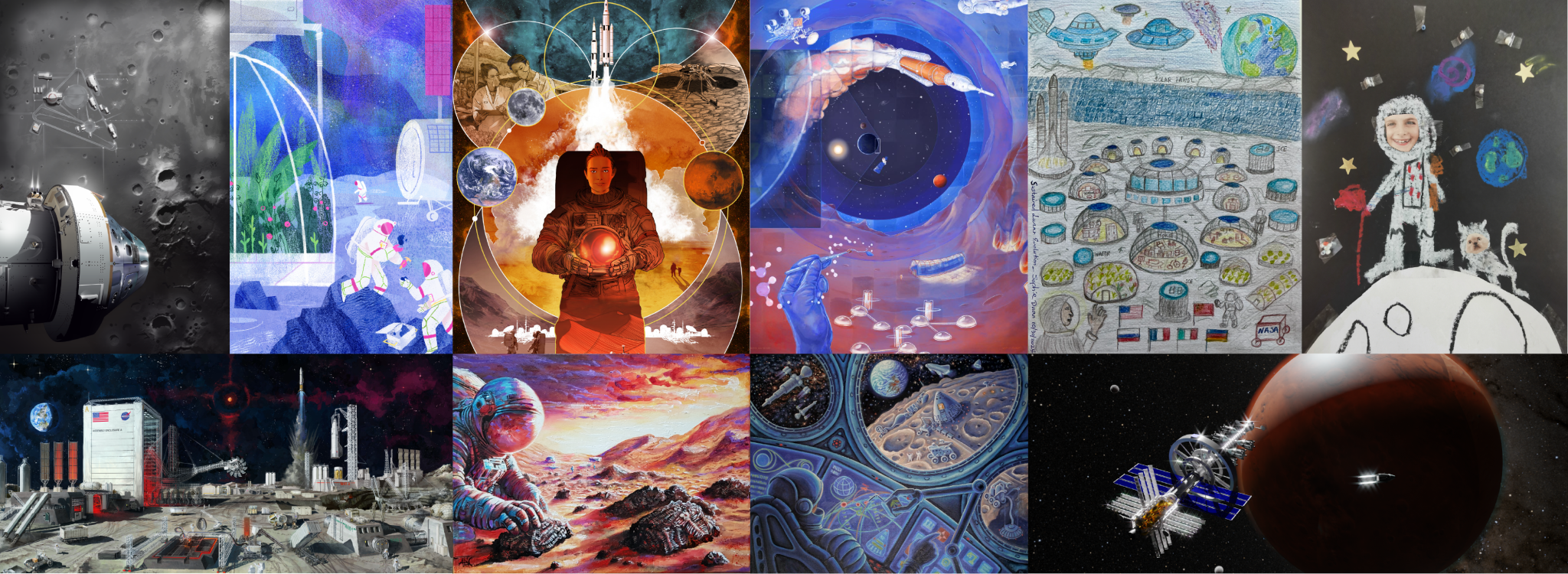 This collage features all the winners of the NASA Moon to Mars Architecture Art Challenge.